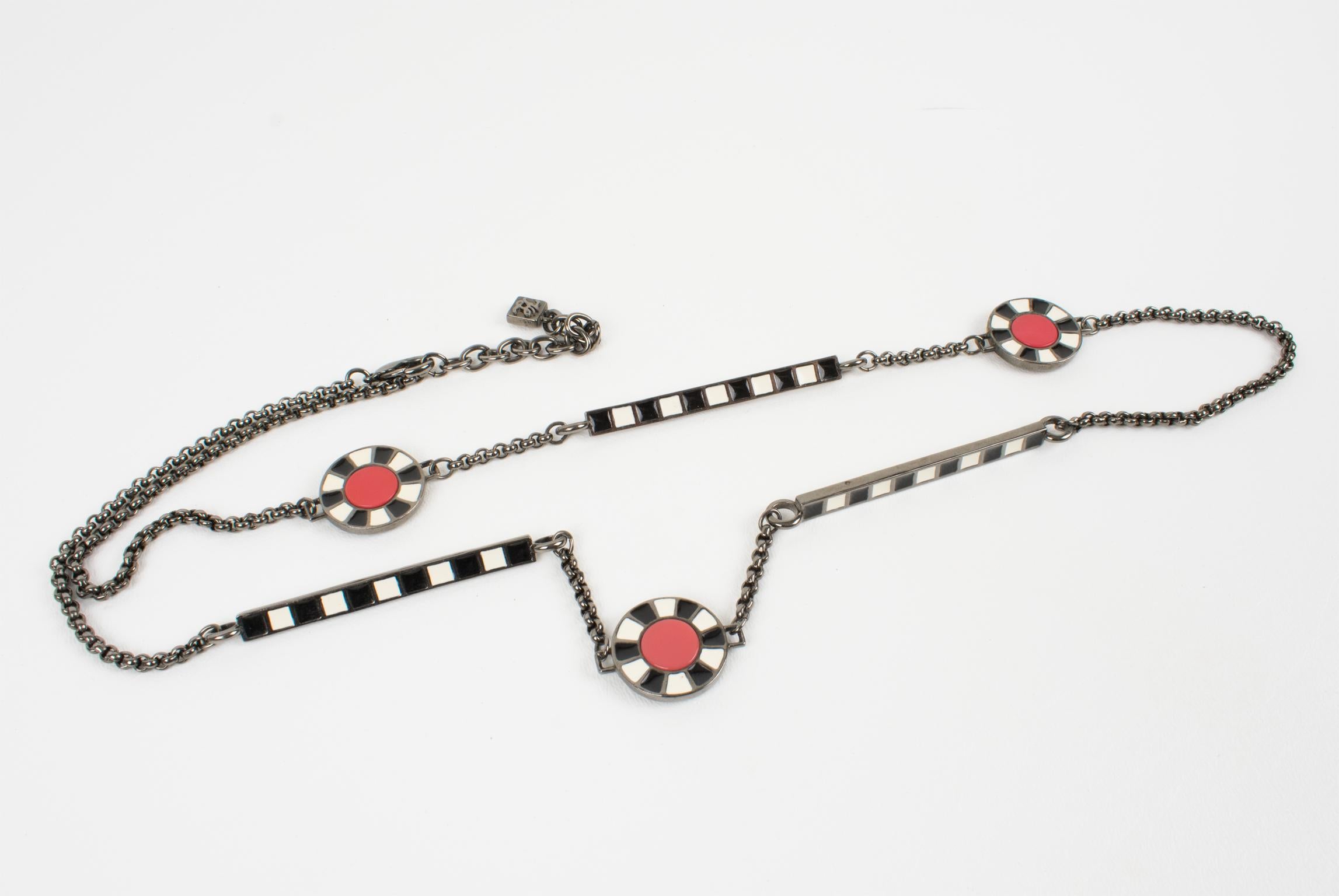 Karl Lagerfeld Gunmetal Long Necklace with Red and Black Enamel For Sale 6