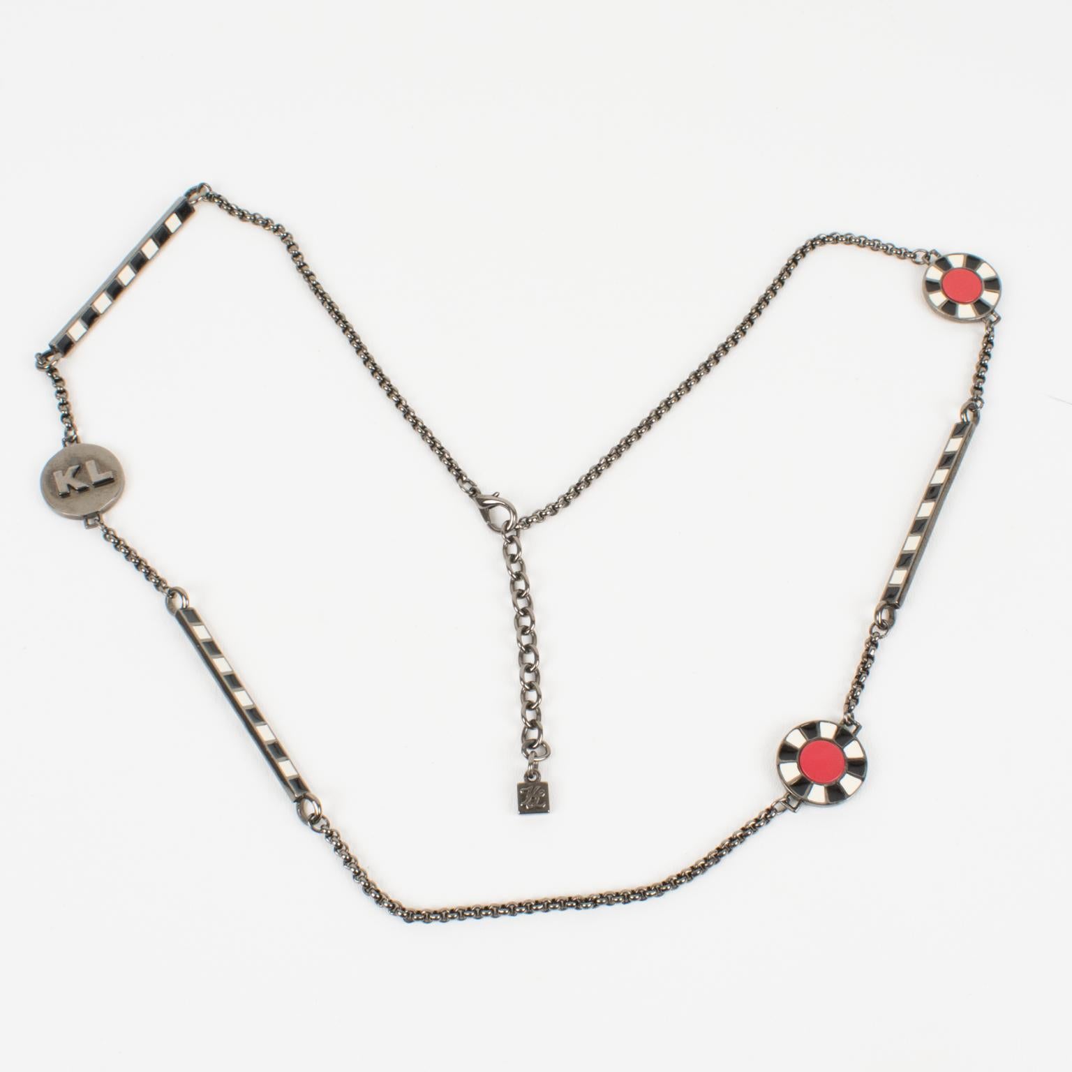 Karl Lagerfeld Gunmetal Long Necklace with Red and Black Enamel For Sale 7