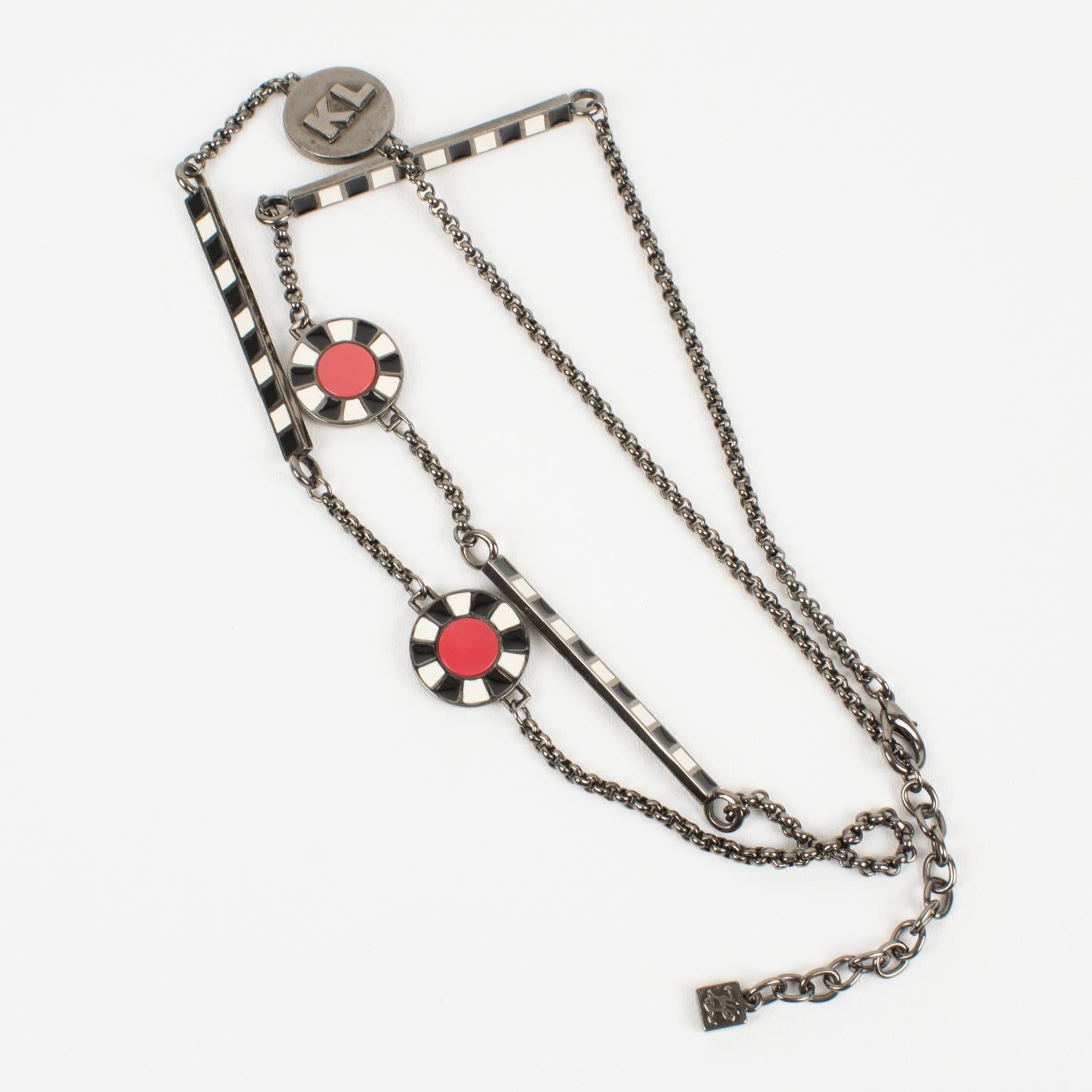 Karl Lagerfeld Gunmetal Long Necklace with Red and Black Enamel For Sale 8