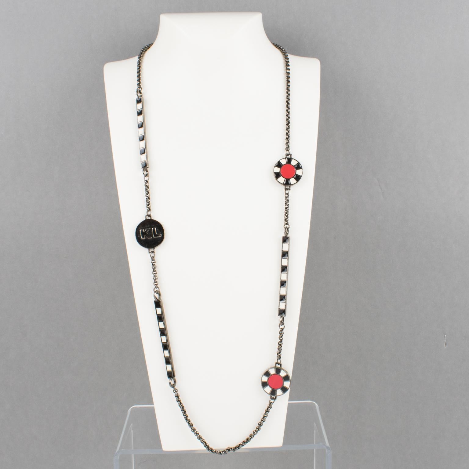 Modernist Karl Lagerfeld Gunmetal Long Necklace with Red and Black Enamel For Sale