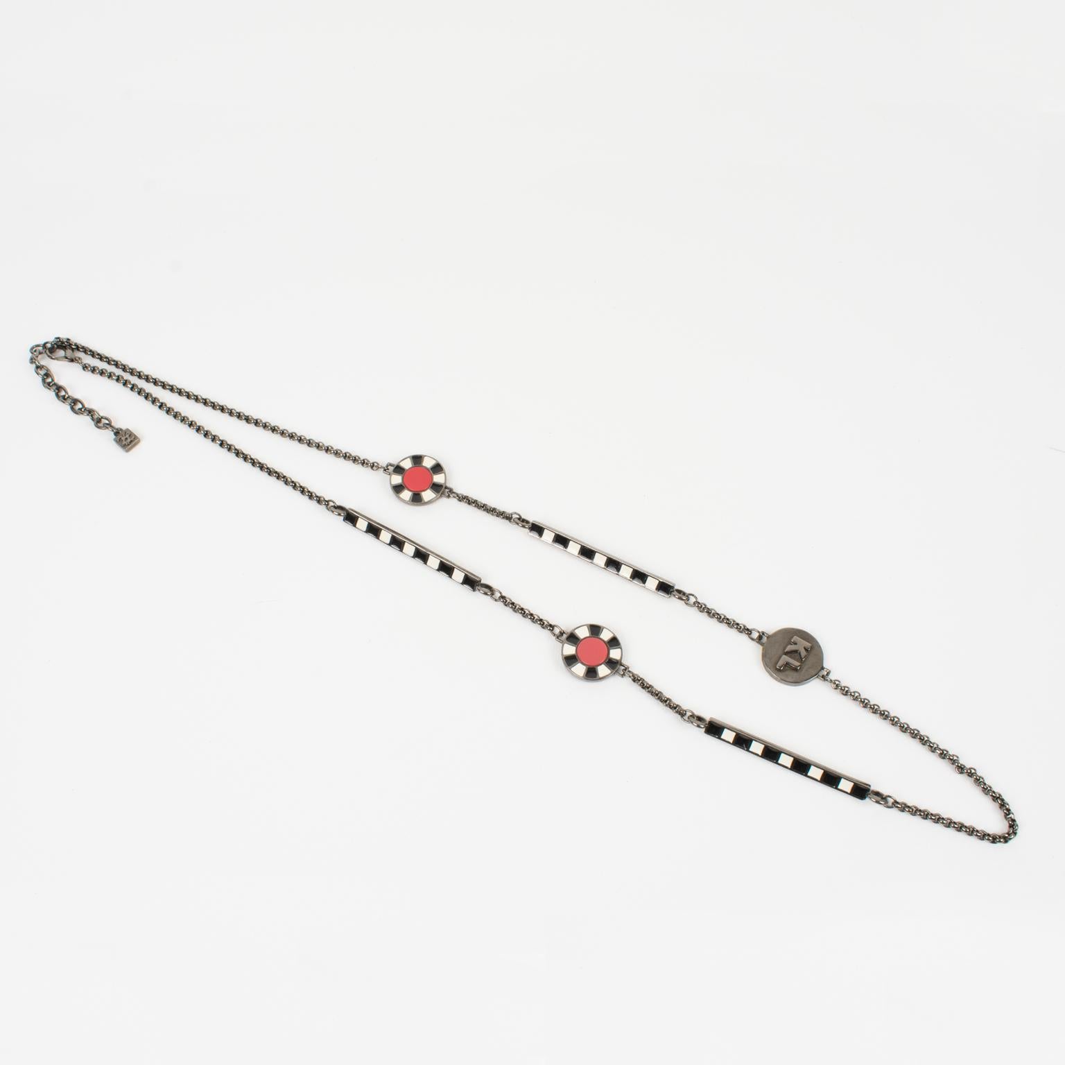 Karl Lagerfeld Gunmetal Long Necklace with Red and Black Enamel In Excellent Condition For Sale In Atlanta, GA