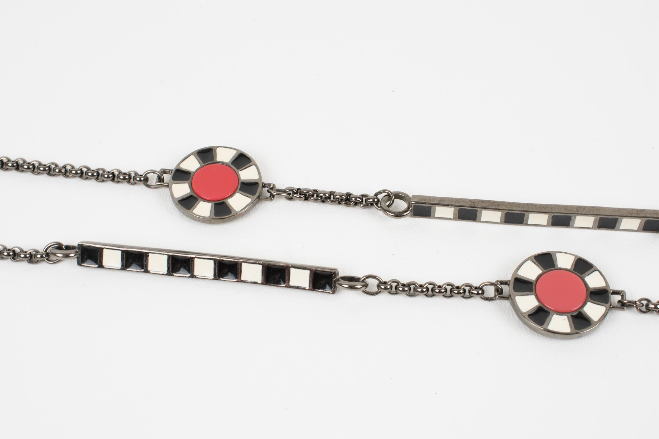 Karl Lagerfeld Gunmetal Long Necklace with Red and Black Enamel For Sale 1