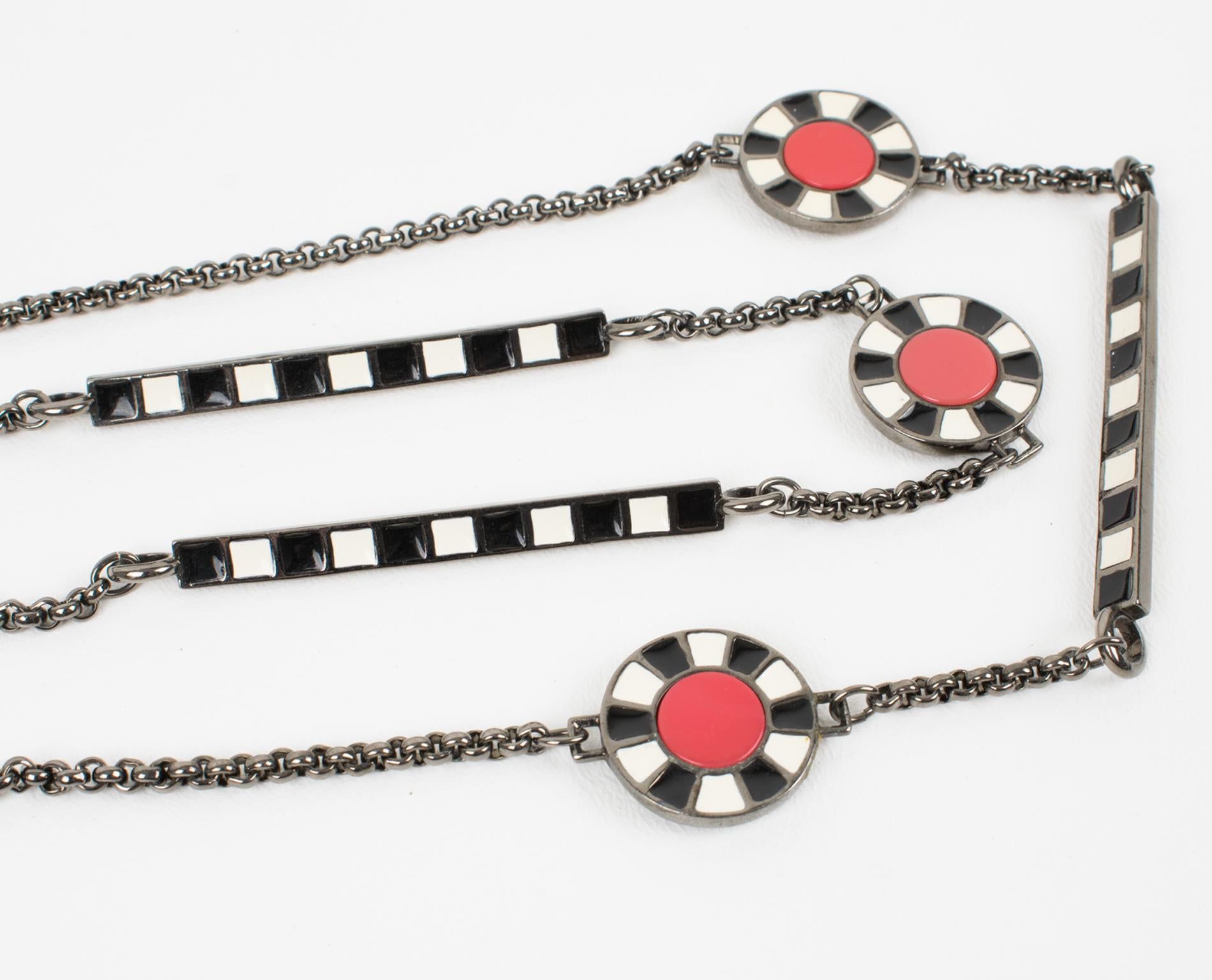Karl Lagerfeld Gunmetal Long Necklace with Red and Black Enamel For Sale 3