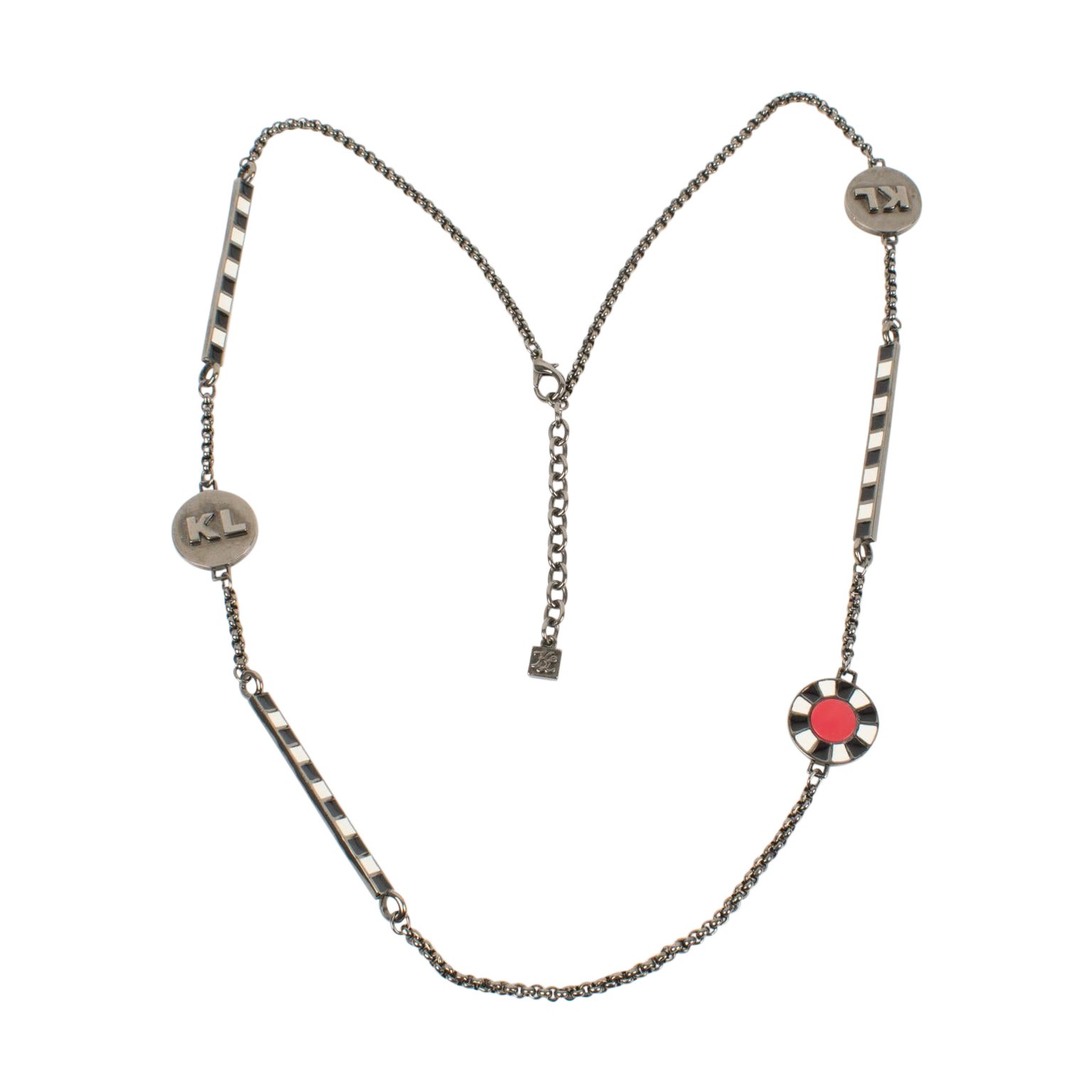 Karl Lagerfeld Gunmetal Long Necklace with Red and Black Enamel For Sale