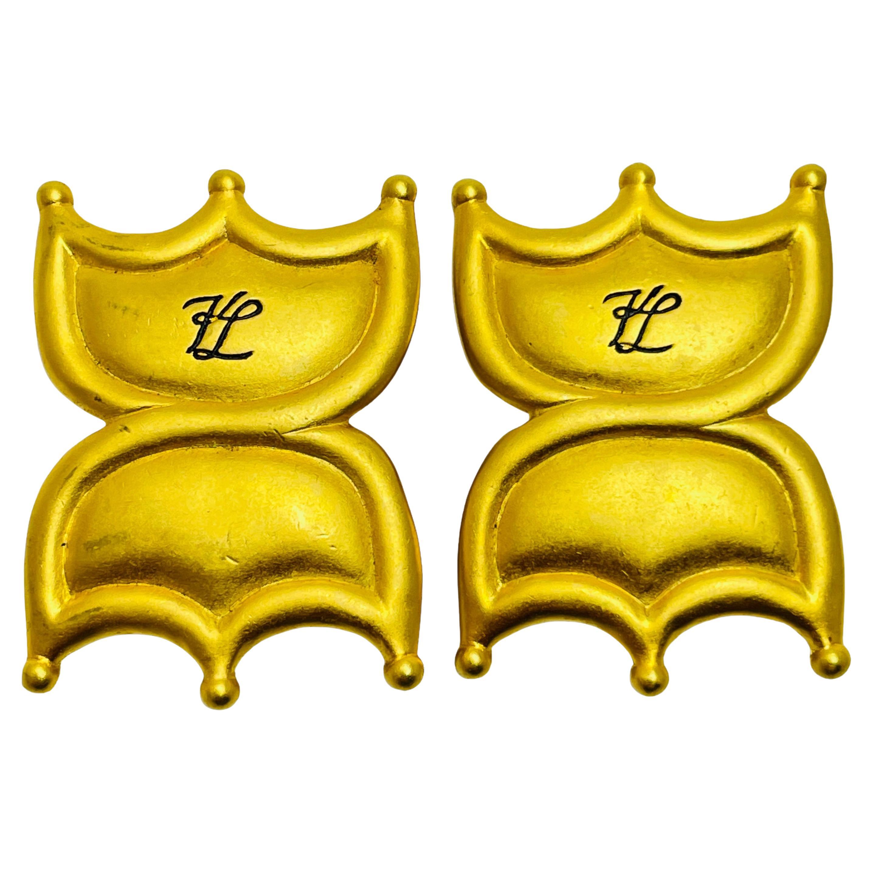 KARL LAGERFELD KL logo matte gold designer runway clip on earrings For Sale