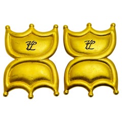 Vintage KARL LAGERFELD KL logo matte gold designer runway clip on earrings