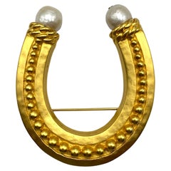 Karl Lagerfeld Large Satin Gold & Baroque Pearl Horse Shoe Brooch