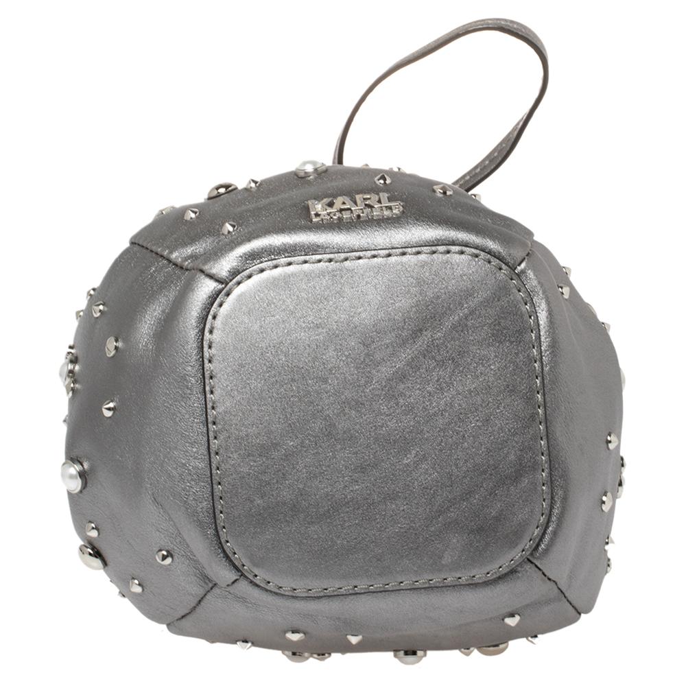 Karl Lagerfeld Metallic Silber Leder K/Rocky Nieten Kordelzug Tasche 7