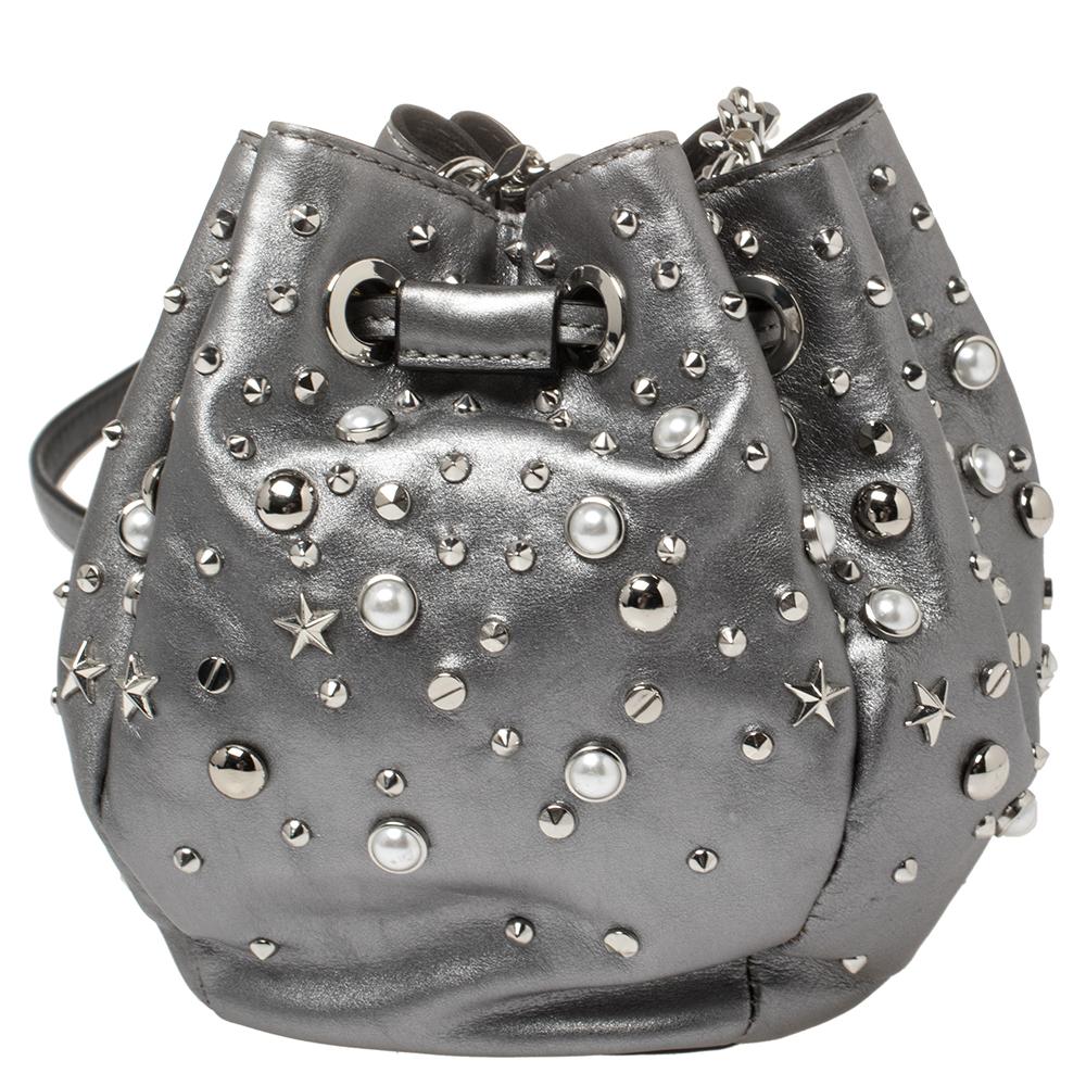 Karl Lagerfeld Metallic Silber Leder K/Rocky Nieten Kordelzug Tasche Damen
