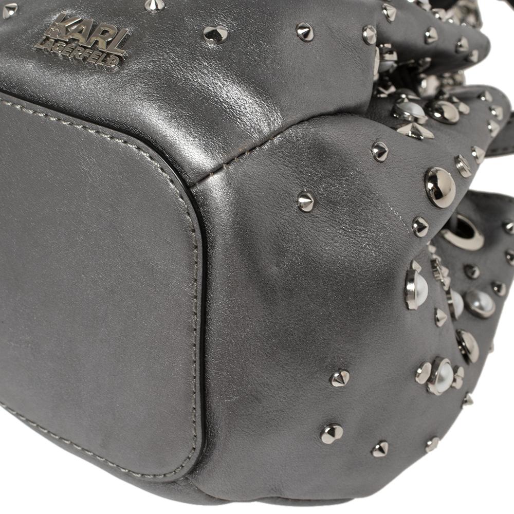 Karl Lagerfeld Metallic Silber Leder K/Rocky Nieten Kordelzug Tasche 1