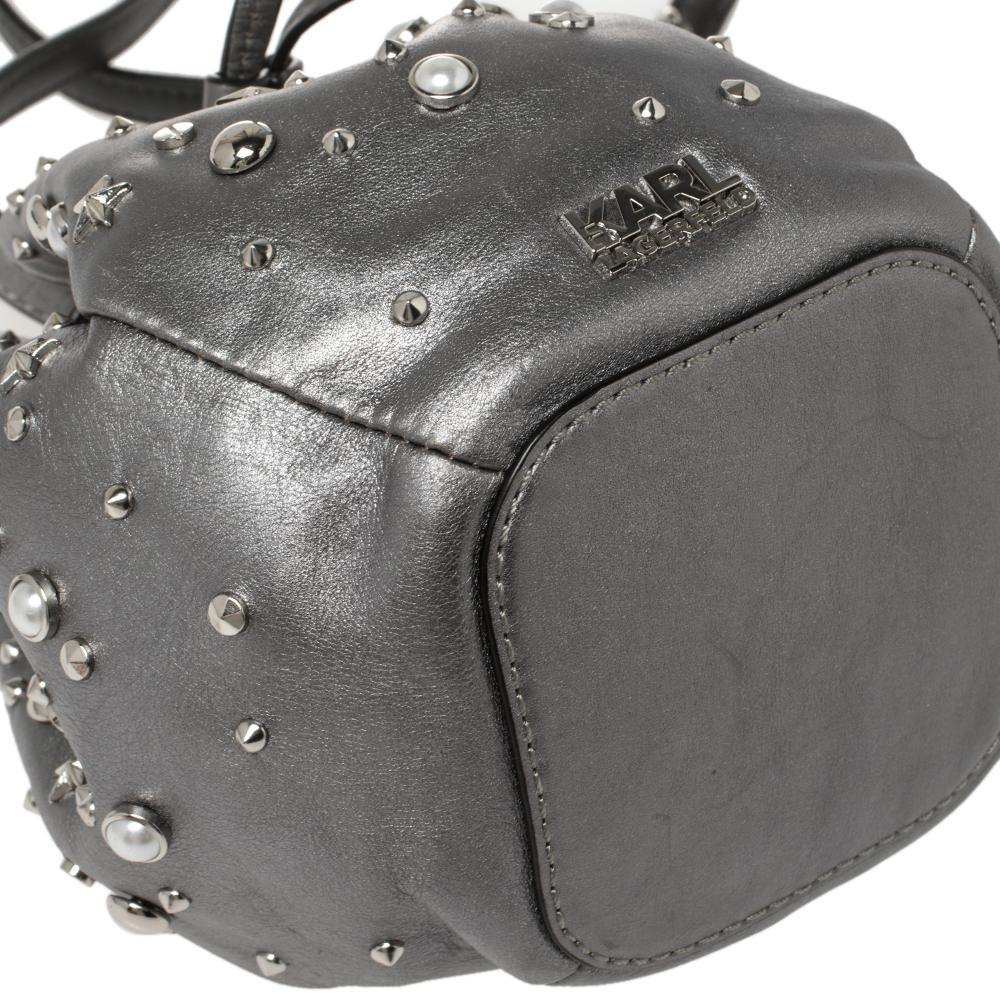 Karl Lagerfeld Metallic Silber Leder K/Rocky Nieten Kordelzug Tasche 2