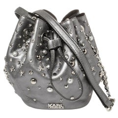 Karl Lagerfeld Metallic Silver Leather K/Rocky Studs Drawstring Bag