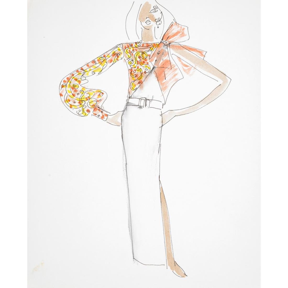 Artist/Designer: Karl Lagerfeld (German, 1933-2019)

Additional Information: Fashion design sketch by Karl Lagerfeld from the Tiziani Archives. Provenance: Estate of Tiziani  Estate of Raf Ravaioli  Private Collection, Palm Beach, FL.

Marking(s);