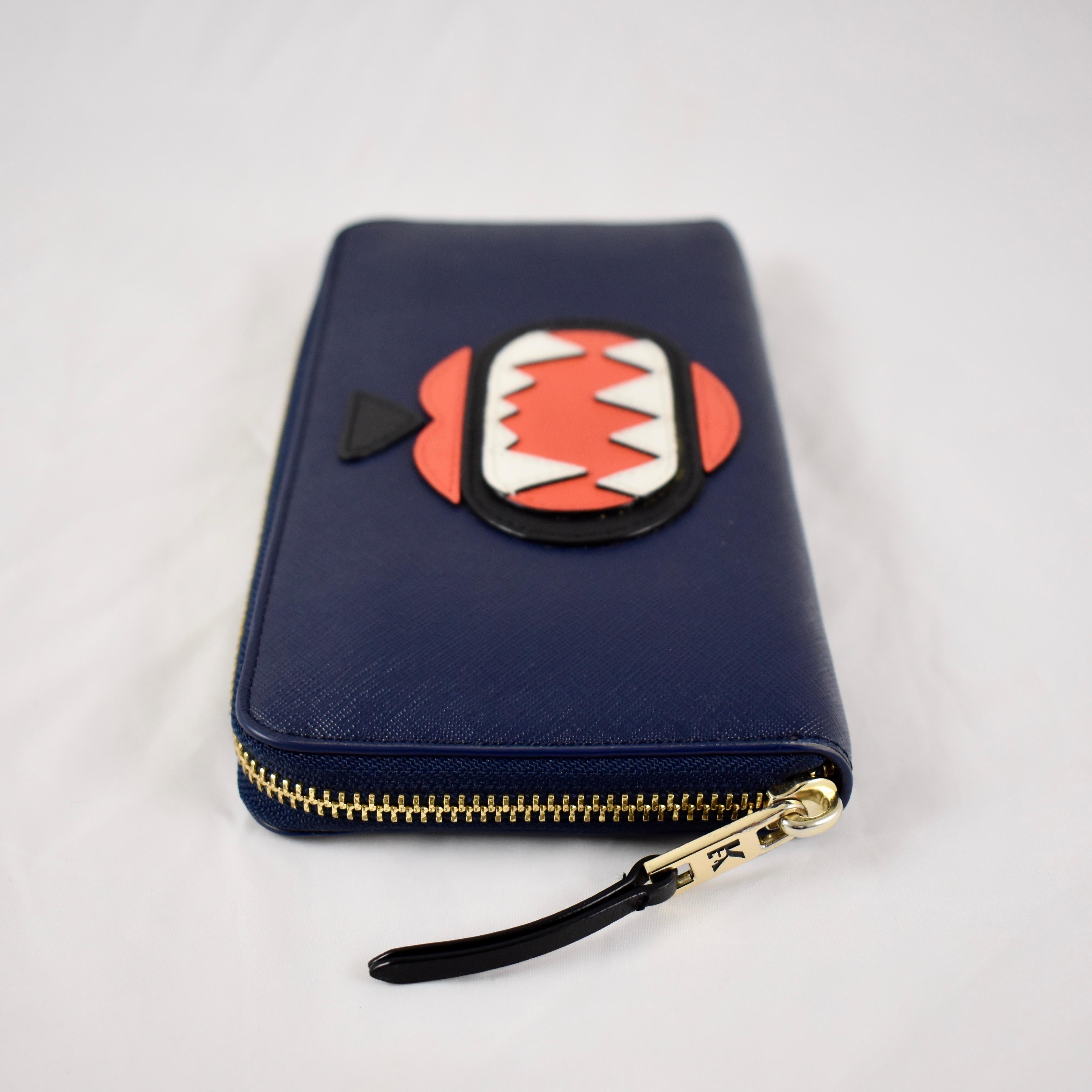 Dutch Karl Lagerfeld Monster Choupette Navy Blue Zippered Leather Continental Wallet For Sale