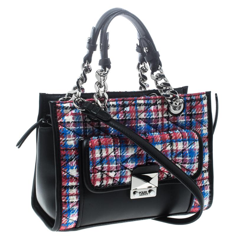 Karl Lagerfeld Multicolor/Black Quilted Tweed and Leather Mini Tote 3