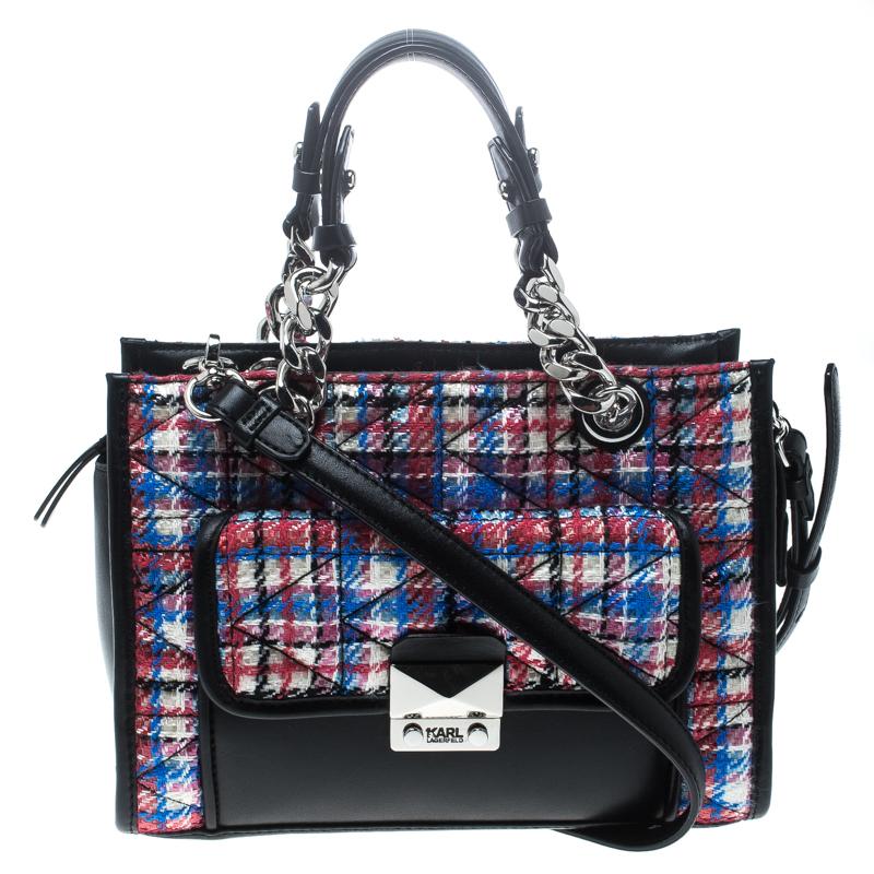 Karl Lagerfeld Multicolor/Black Quilted Tweed and Leather Mini Tote
