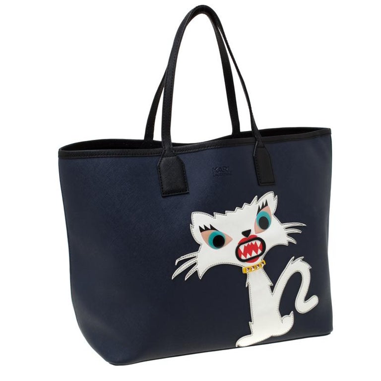 Karl Lagerfeld Navy Blue Leather Monster Choupette Shopper Tote at 1stDibs
