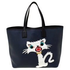 Karl Lagerfeld Navy Blue Leather Monster Choupette Shopper Tote
