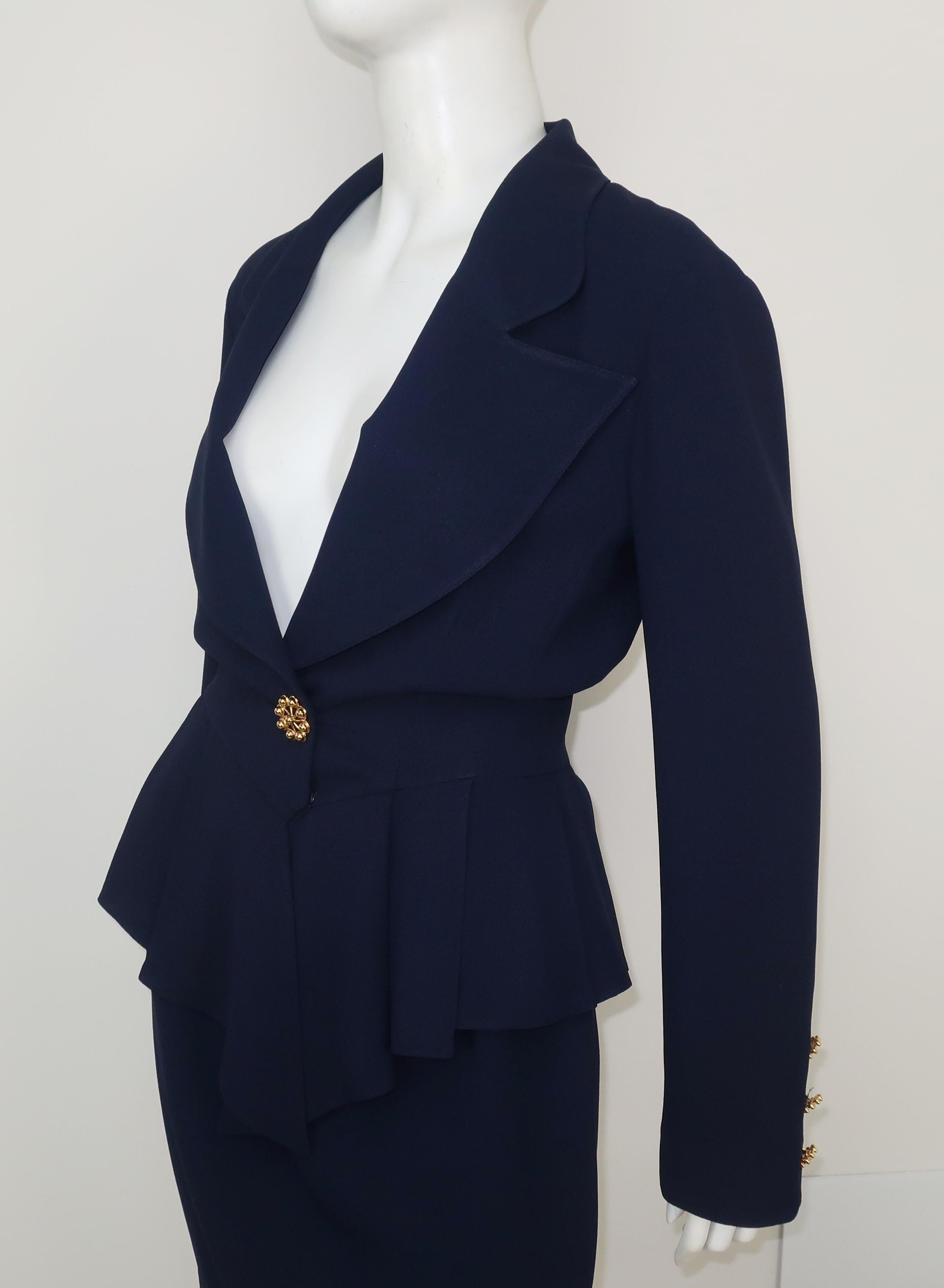 Black Karl Lagerfeld Navy Blue Peplum Skirt Suit C.1990