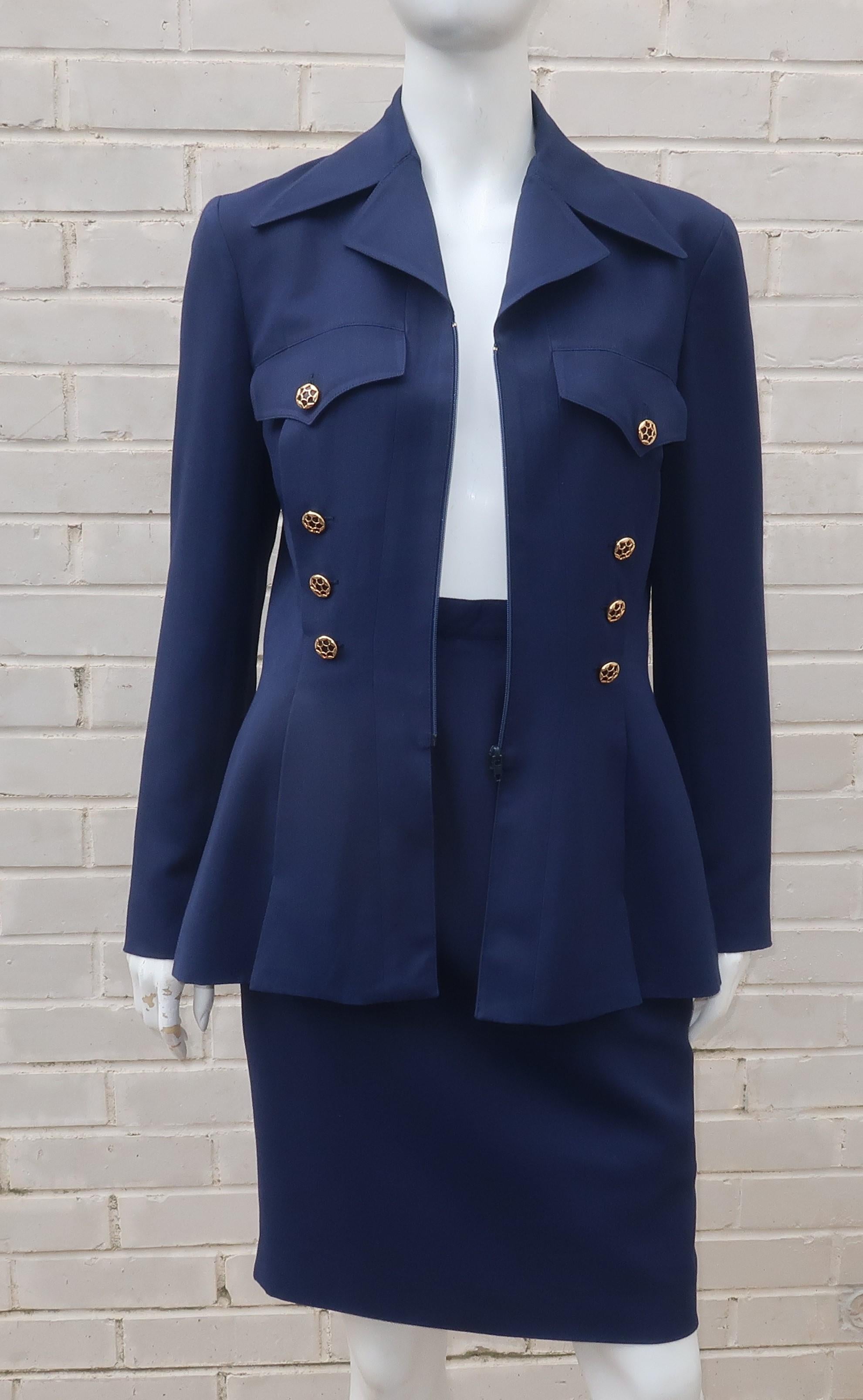Karl Lagerfeld Navy Blue Skirt Suit With Gold Buttons 2
