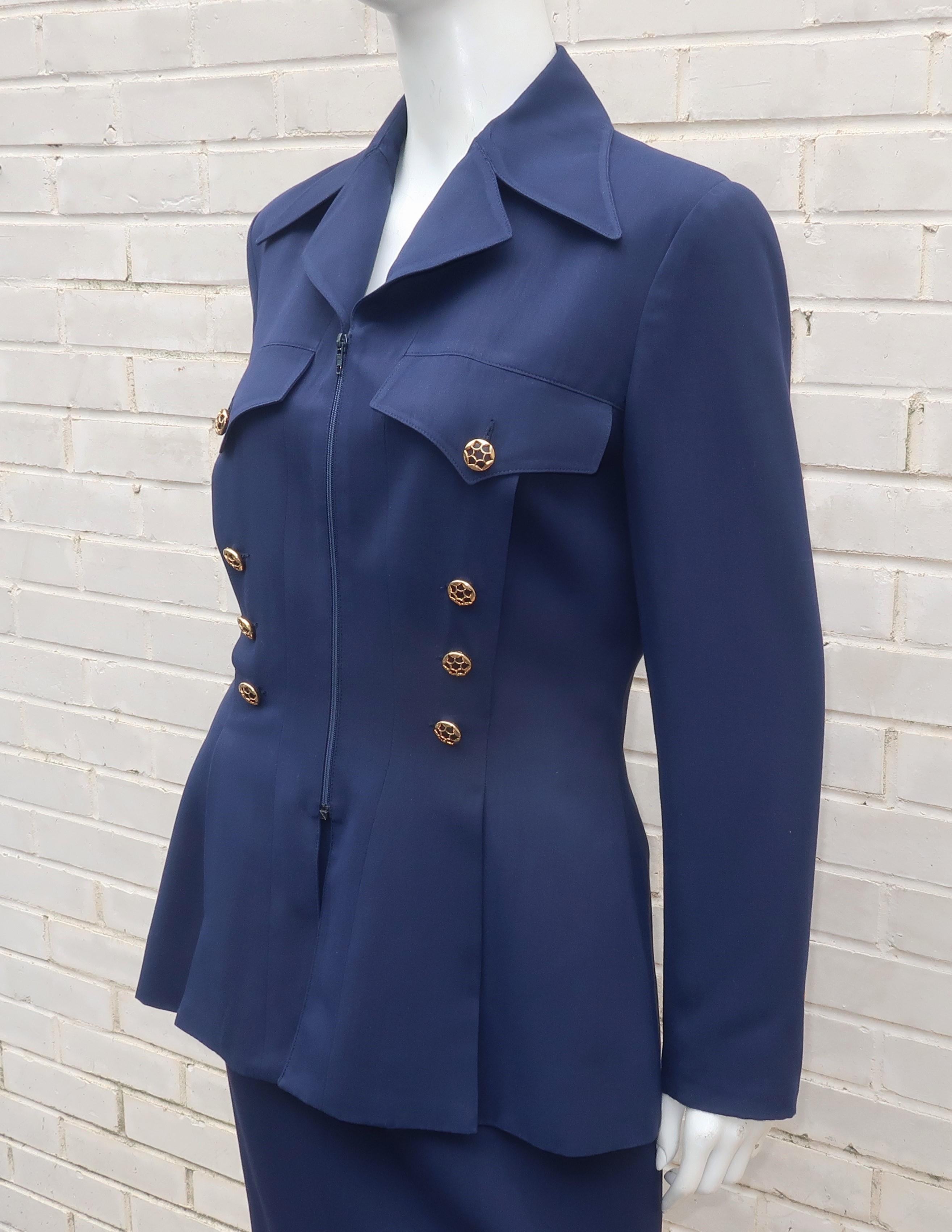 Purple Karl Lagerfeld Navy Blue Skirt Suit With Gold Buttons