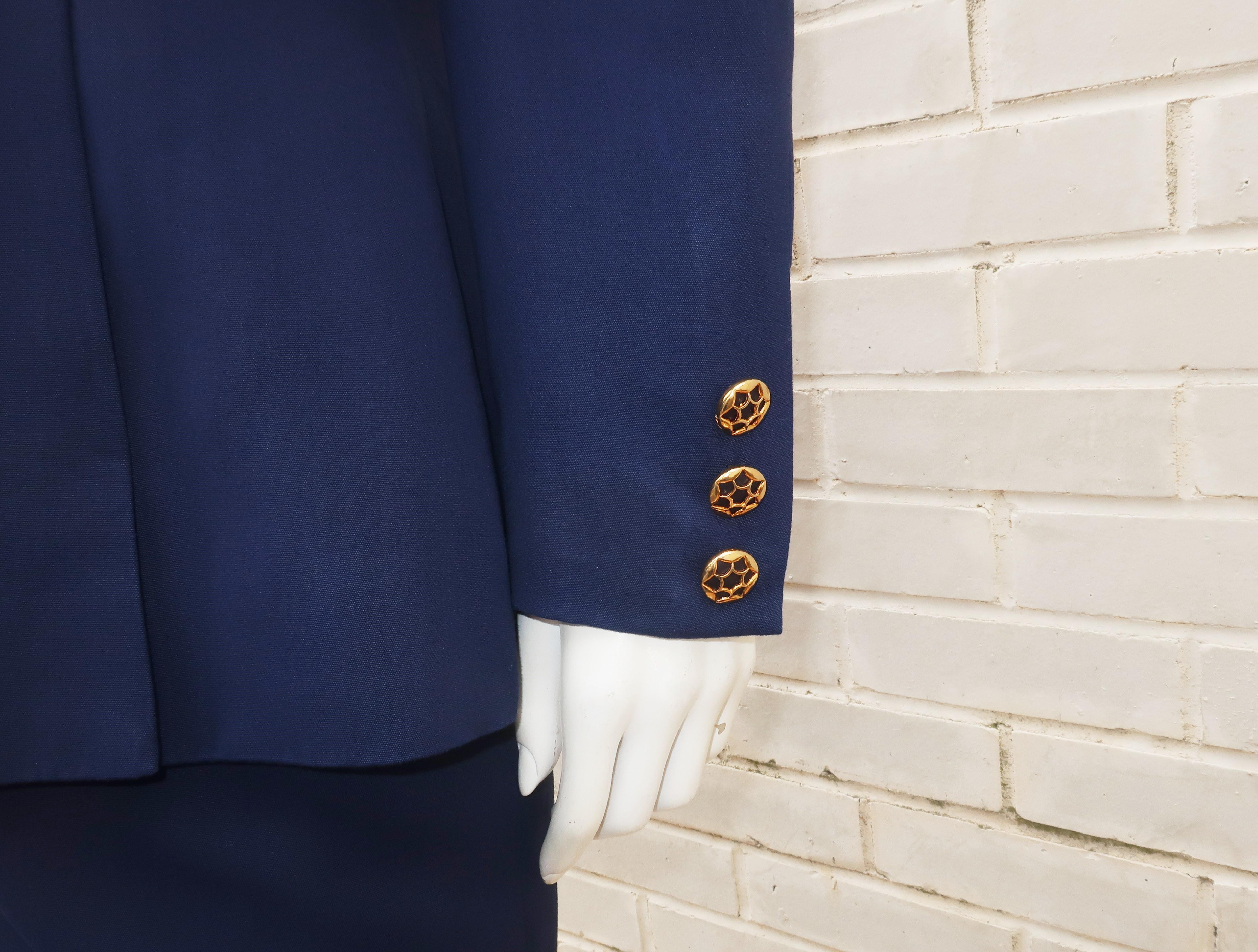 Karl Lagerfeld Navy Blue Skirt Suit With Gold Buttons In Fair Condition In Atlanta, GA