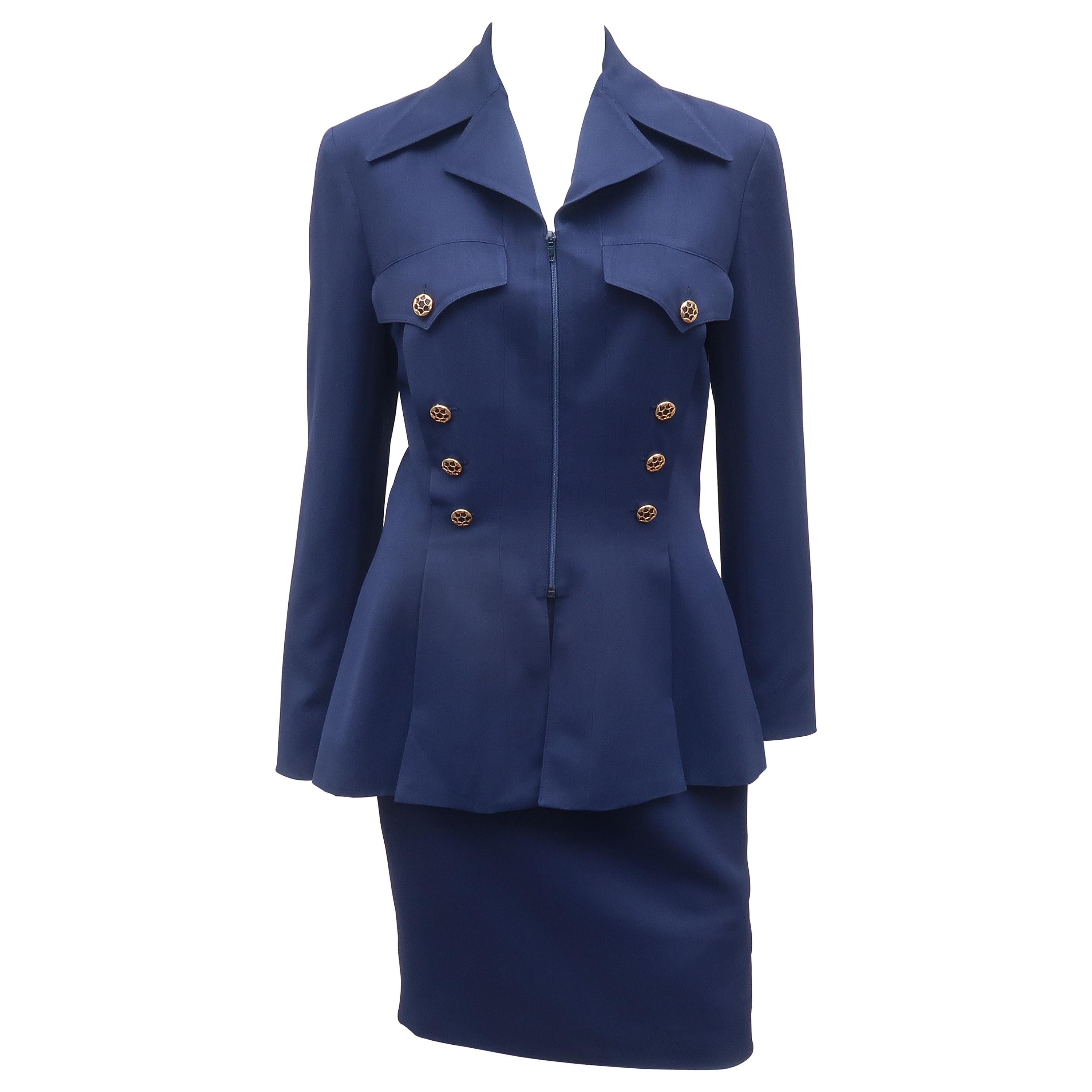 Karl Lagerfeld Navy Blue Skirt Suit With Gold Buttons