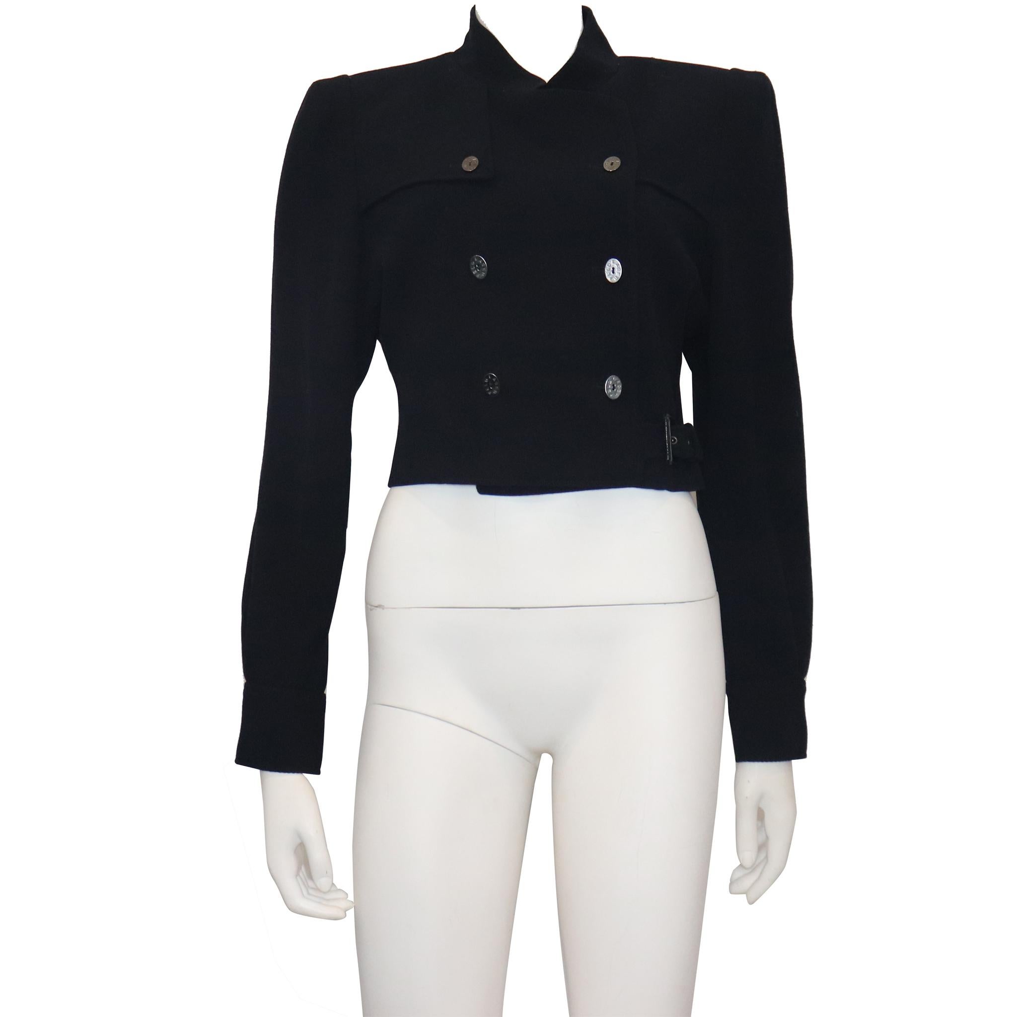 Karl Lagerfeld Navy Wool Jacket w/ Side Belt Circa 1990s. In excellent condition 

Measurements - 

Size 36 
Jacket Length: 19 Inches
Arm Length: 25 Inches