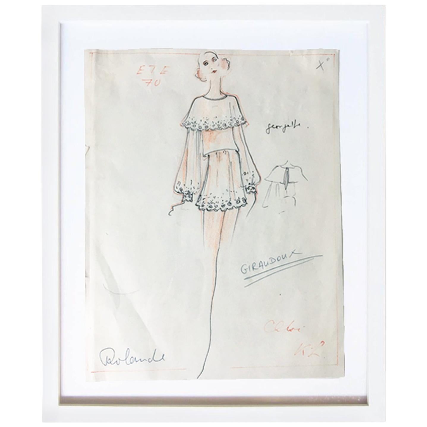 Karl Lagerfeld Original Sketch Croquis For Chloe Mini Dress 1970