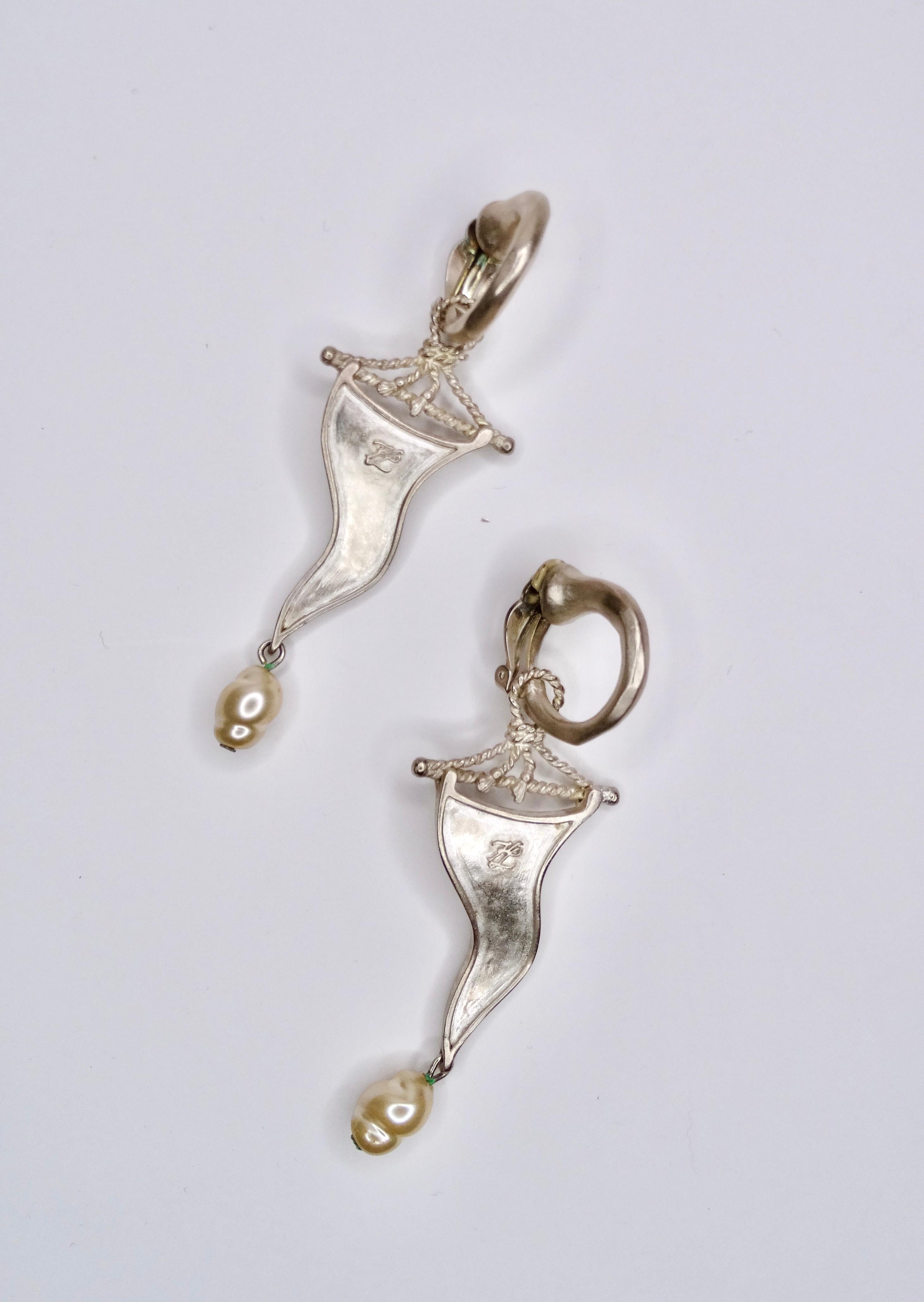 Uncut Karl Lagerfeld Ornate Earrings with Pearl  For Sale