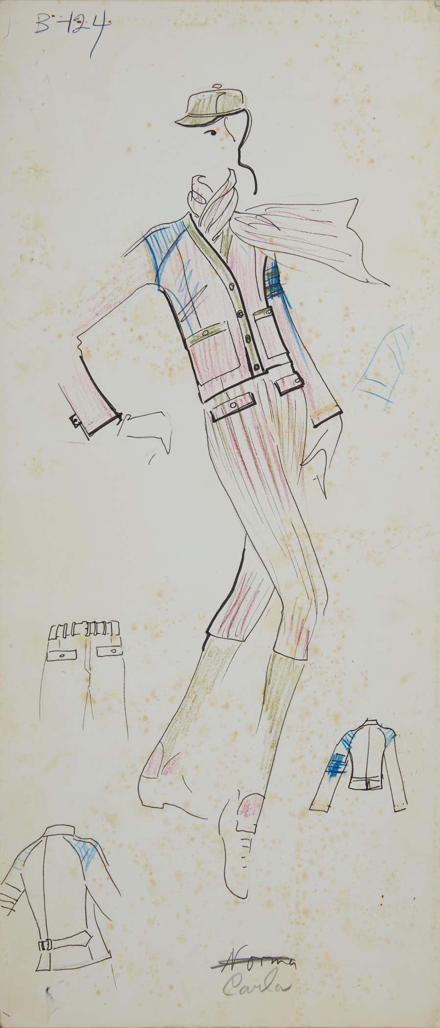 Karl Lagerfeld Original Fashion Sketch Colored Pencil Drawing B-124
