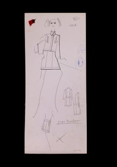 Karl Lagerfeld Original Mode Skizze Tuschezeichnung mit Stoffmuster 917 Lela