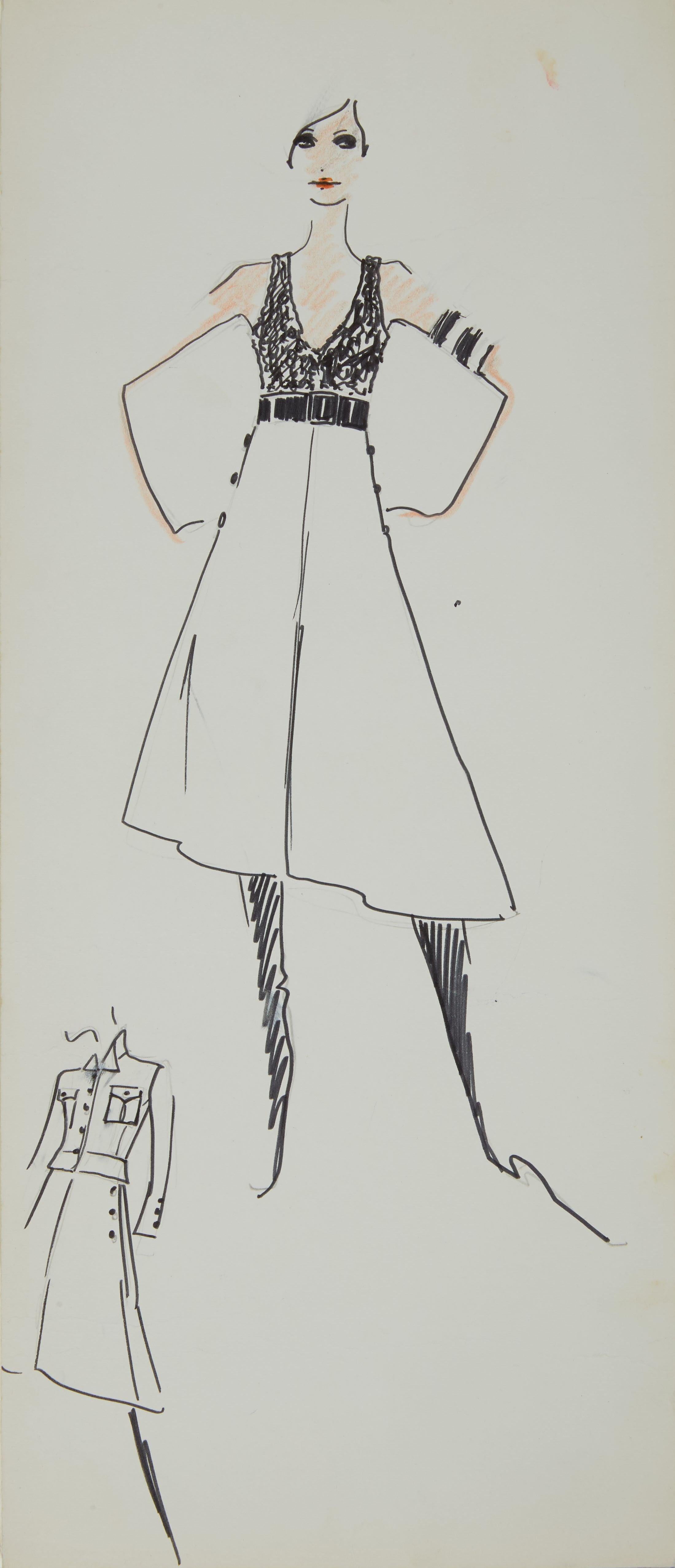 Karl Lagerfeld Original Fashion Sketch Ink Pen with Marker Drawing Art