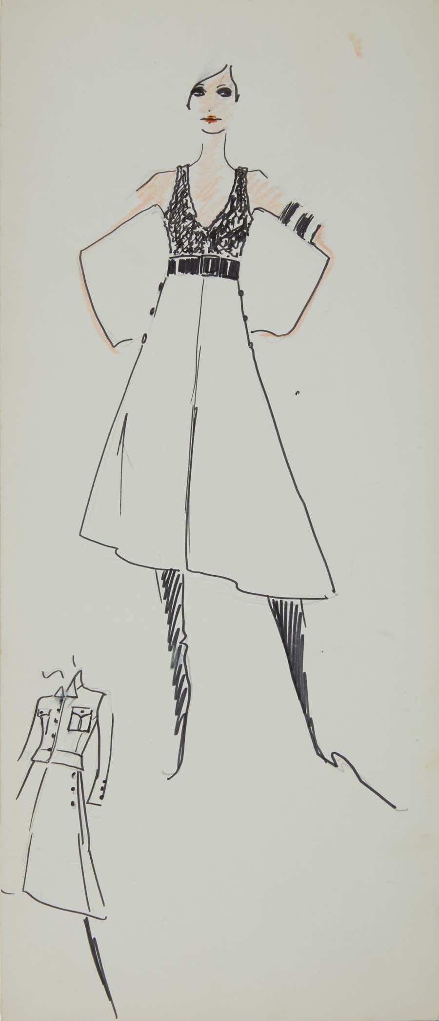 Karl Lagerfeld Original Fashion Sketch Ink Pen with Marker Drawing Art