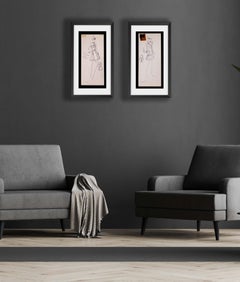 Karl Lagerfeld Satz von 2 Original-Mode-Skizzen Tuschezeichnung T-34 & 416