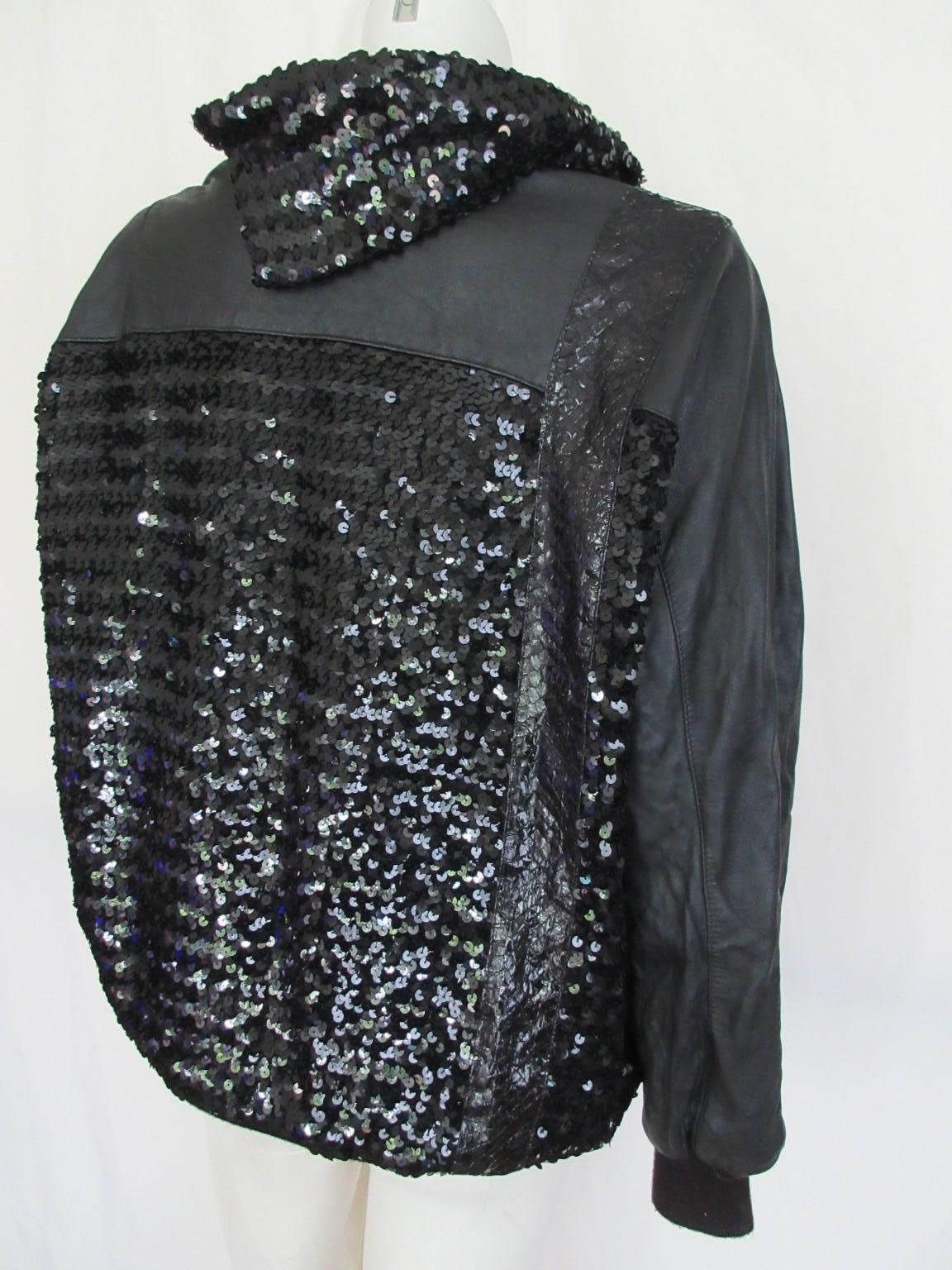 Karl Lagerfeld Paris Black Leather Sequin Embroidered Sweater In Good Condition For Sale In Amsterdam, NL