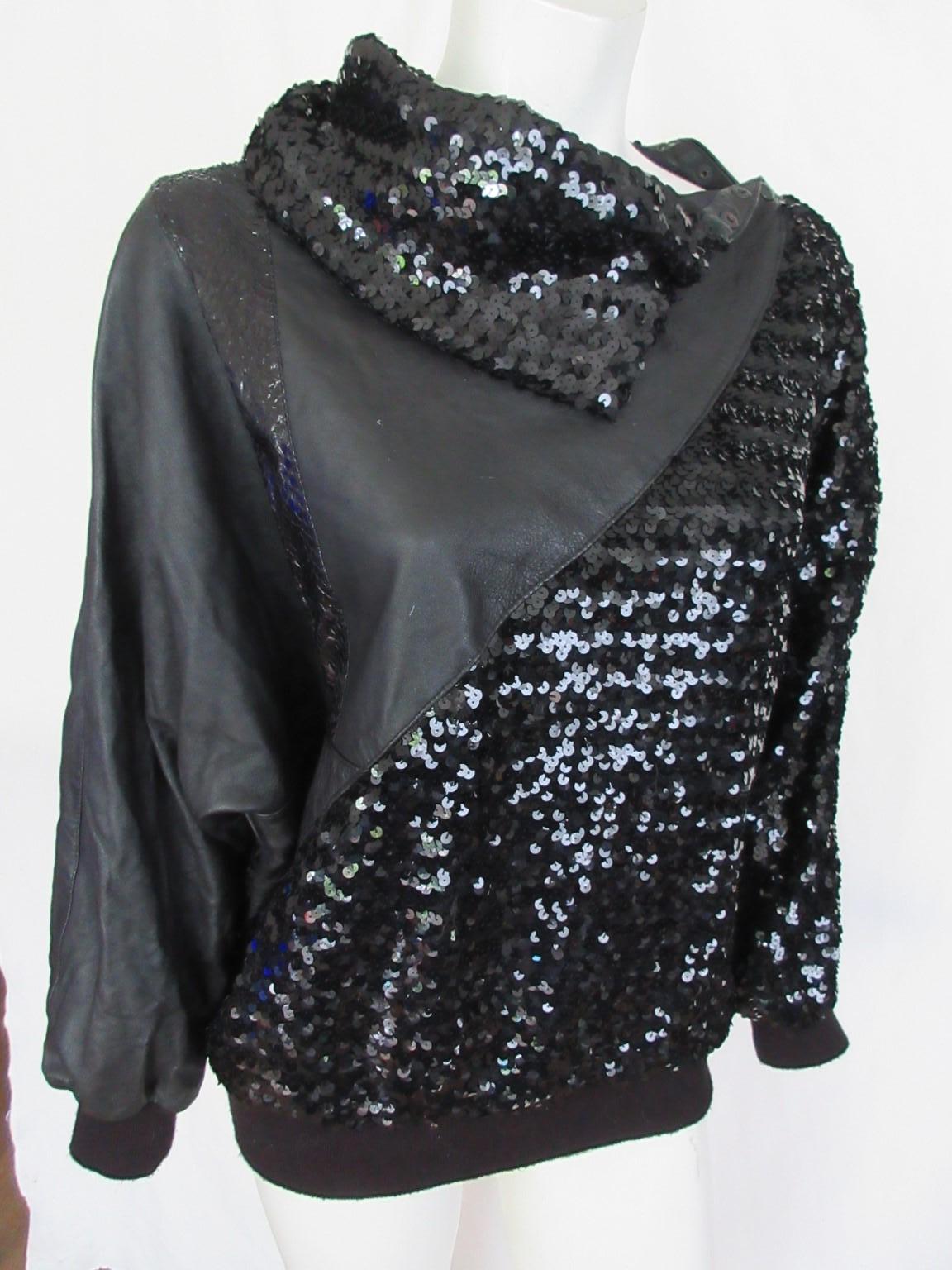 Karl Lagerfeld Paris Black Leather Sequin Embroidered Sweater For Sale 1