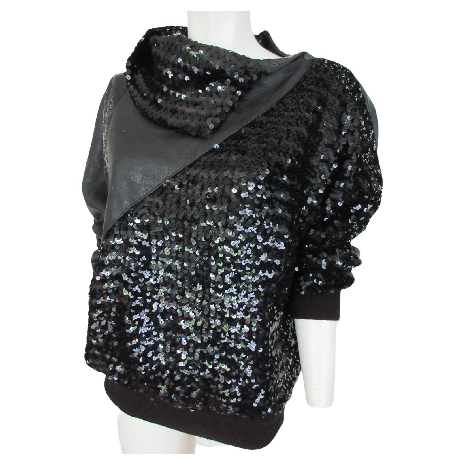 Karl Lagerfeld Paris Black Leather Sequin Embroidered Sweater For Sale