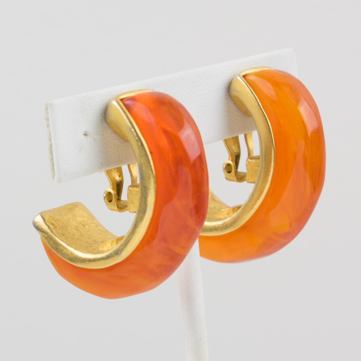 Women's or Men's Karl Lagerfeld Clip Earrings Orange Resin Hoop