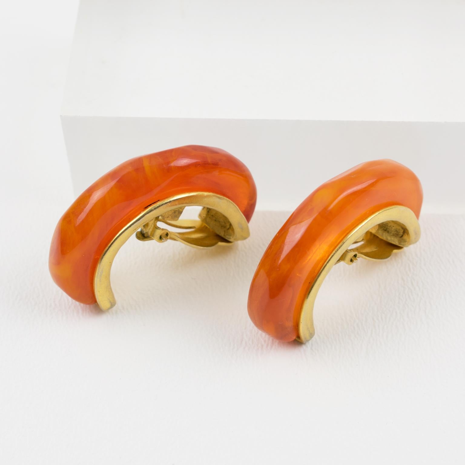 Karl Lagerfeld Clip Earrings Orange Resin Hoop 2