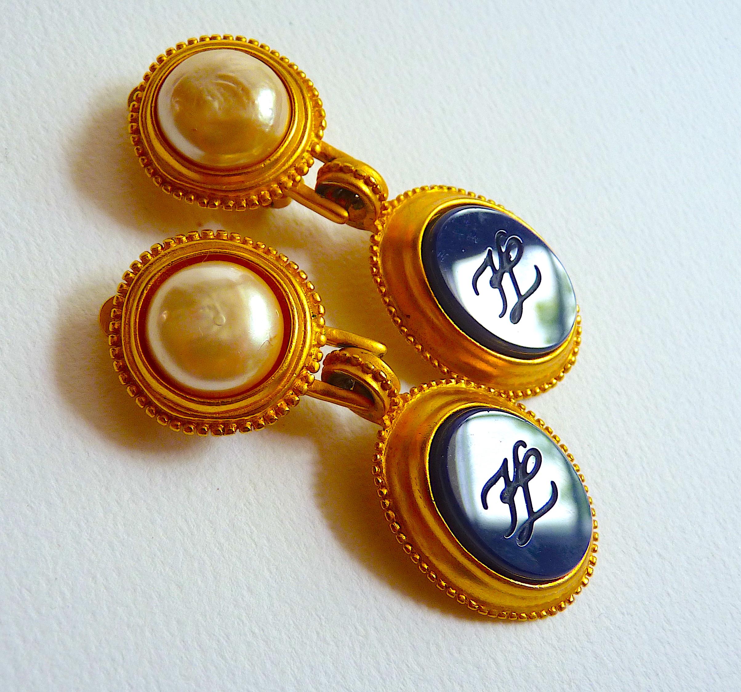 Karl Lagerfeld Pearl and Onyx Logo Pendant Earrings 1990's For Sale 3