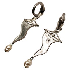 Karl Lagerfeld Pewter Flag Motif Vintage Earrings With Costume Pearl Drop