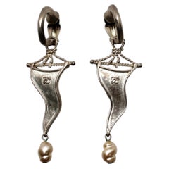 Karl Lagerfeld Pewter Flag Motif Vintage Earrings With Costume Pearl Drop
