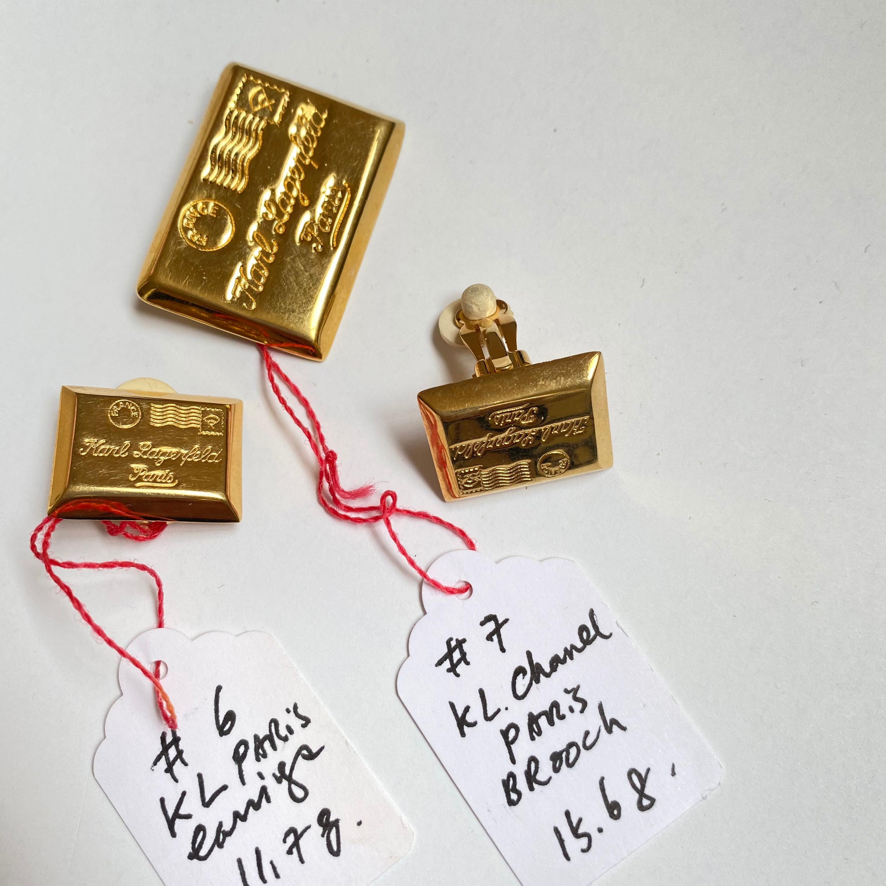 Karl Lagerfeld Postcard from Paris KL Gold Earrings Pin Brooch 3-Pc Set  3