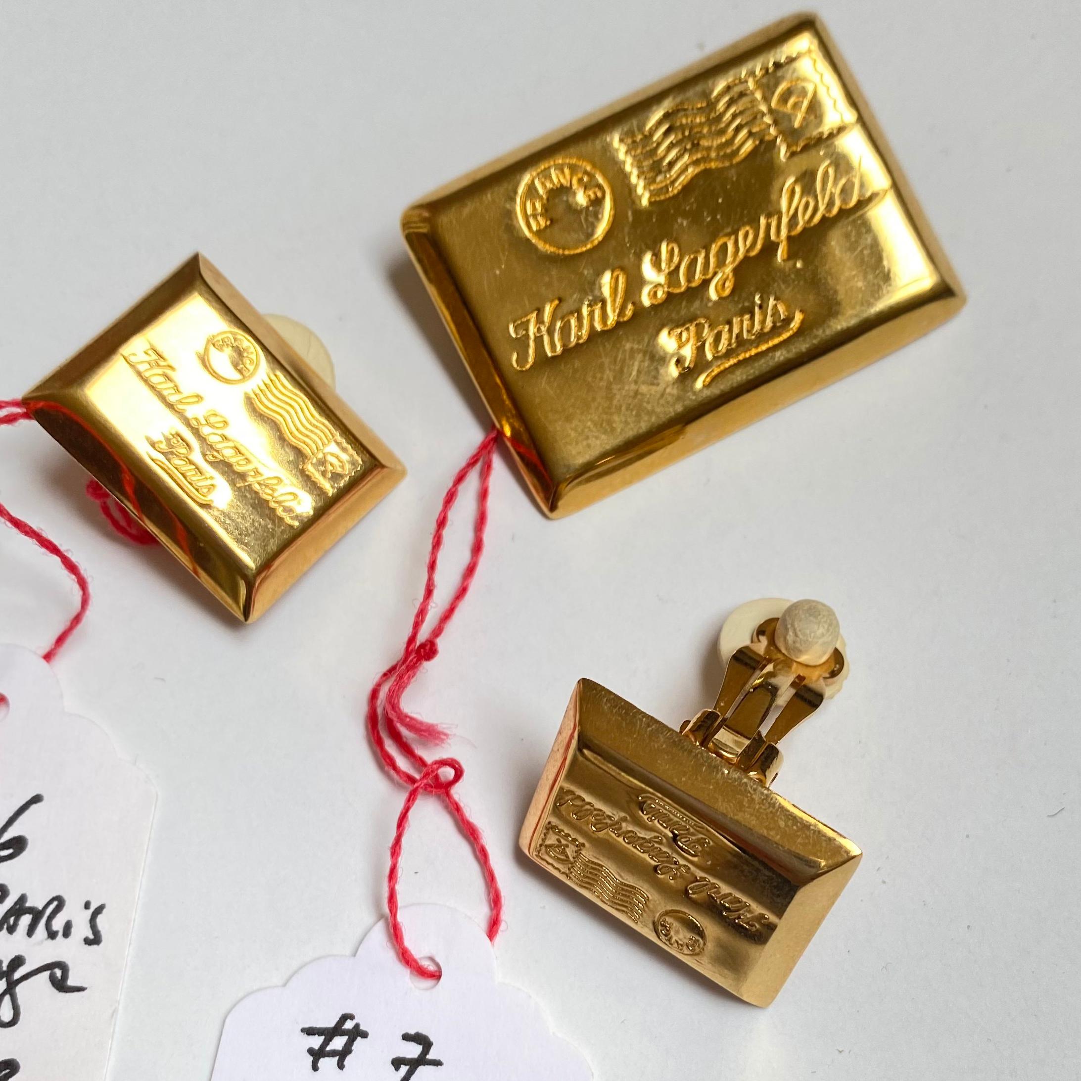 Karl Lagerfeld Postcard from Paris KL Gold Earrings Pin Brooch 3-Pc Set  4