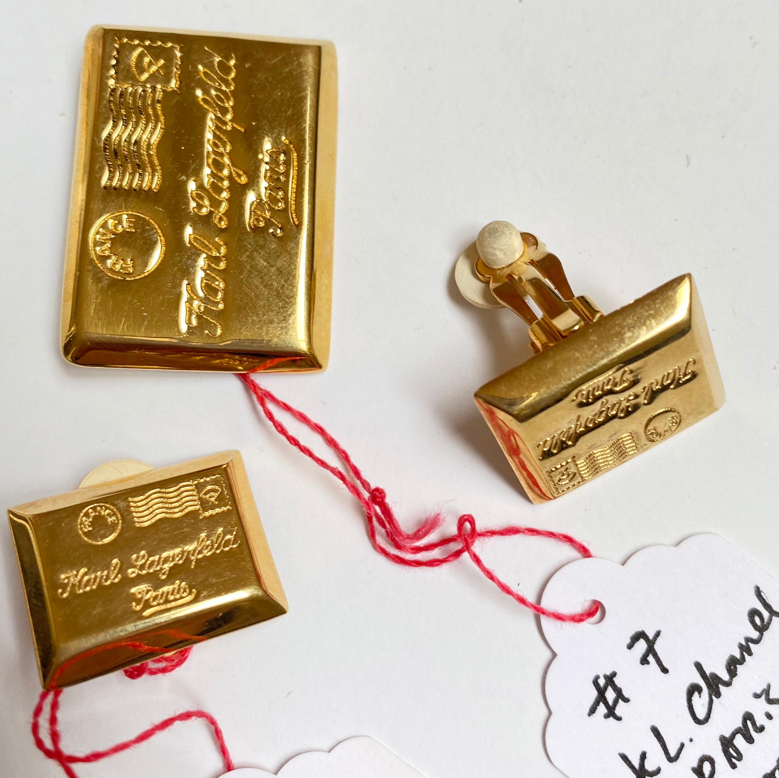 Karl Lagerfeld Postcard from Paris KL Gold Earrings Pin Brooch 3-Pc Set  2