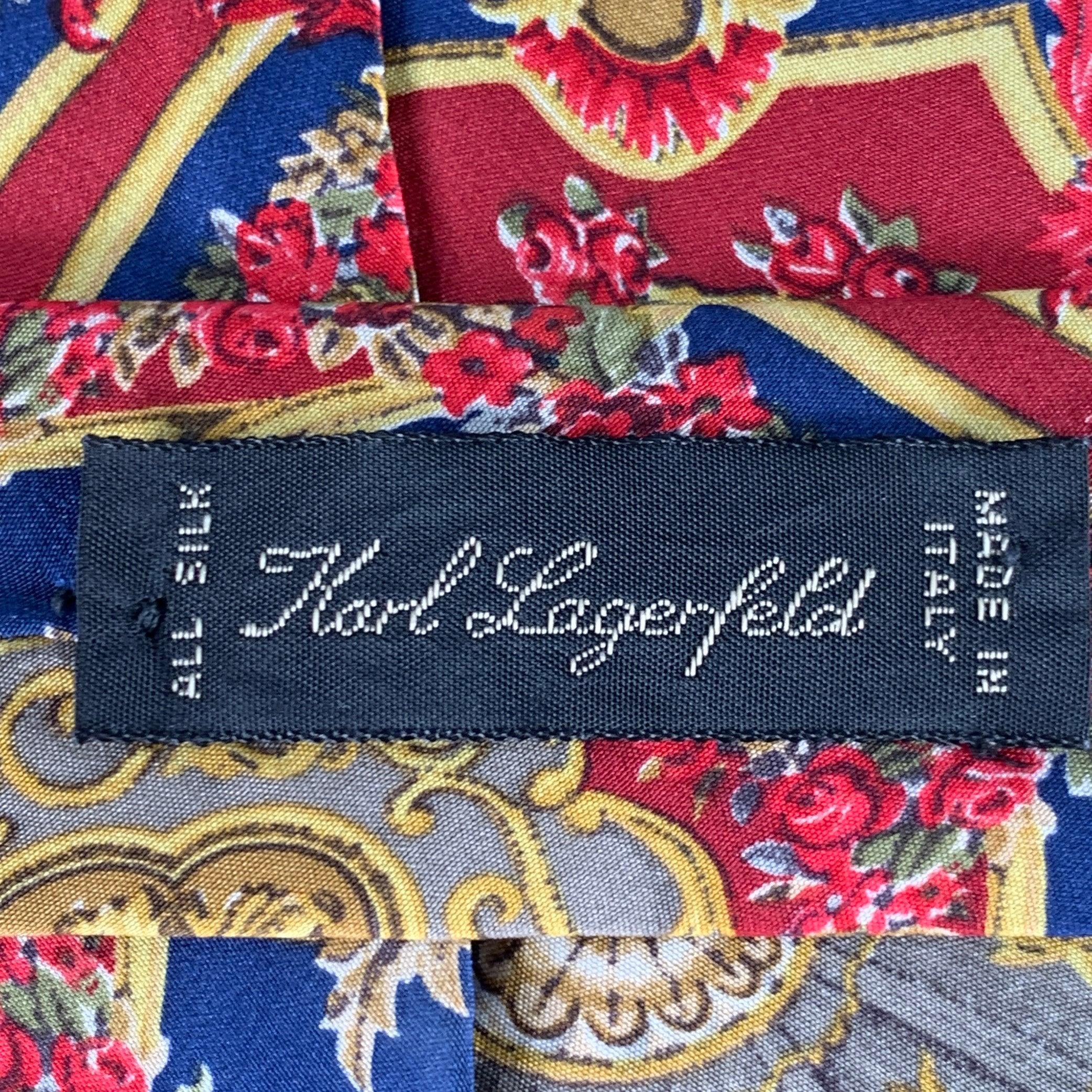 Brown KARL LAGERFELD Red Blue Gold Baroque Floral Silk Tie For Sale