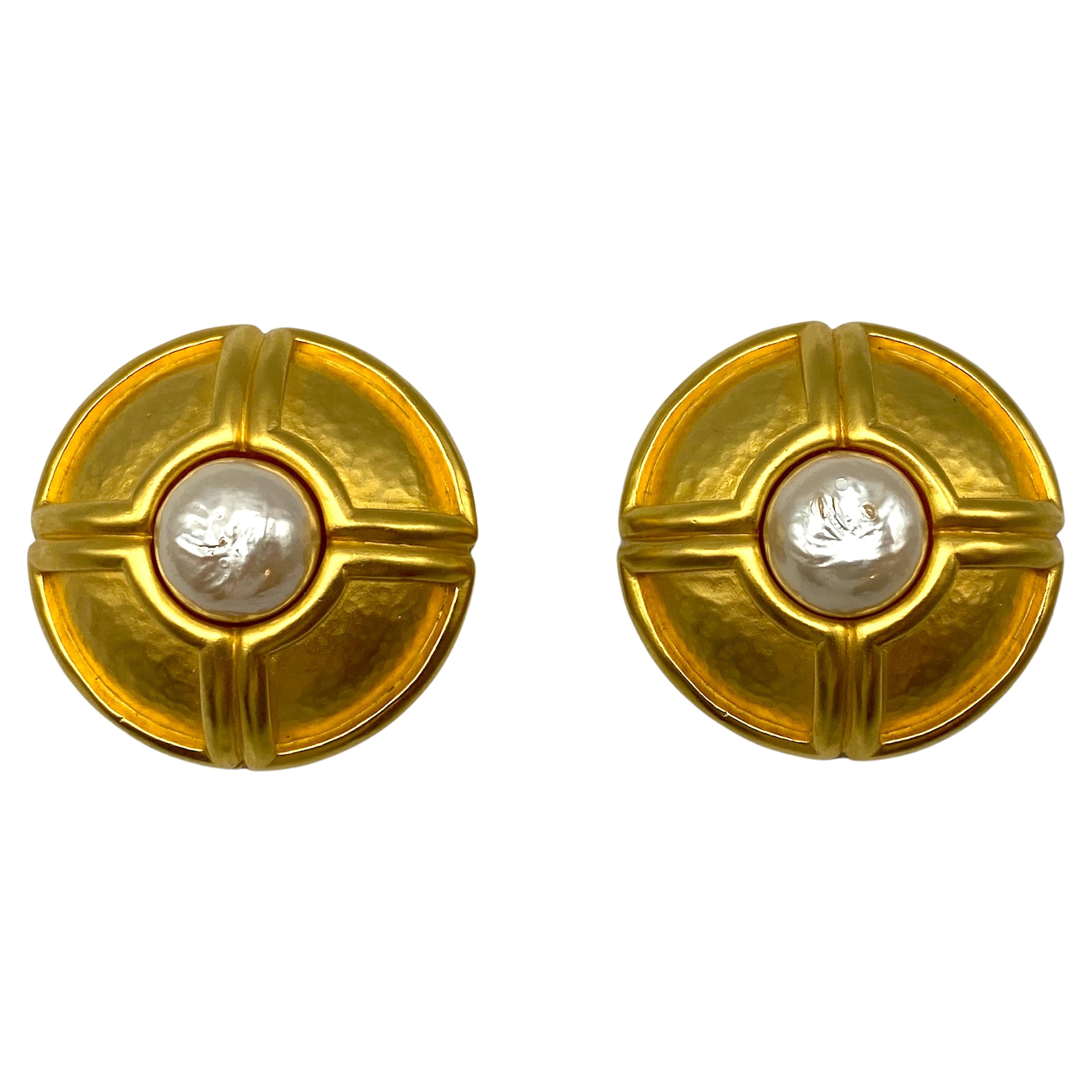 Karl Lagerfeld Satin Gold and Pearl Earrings For Sale