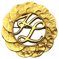 Vintage Karl Lagerfeld Satin Gold Open Work Logo Brooch