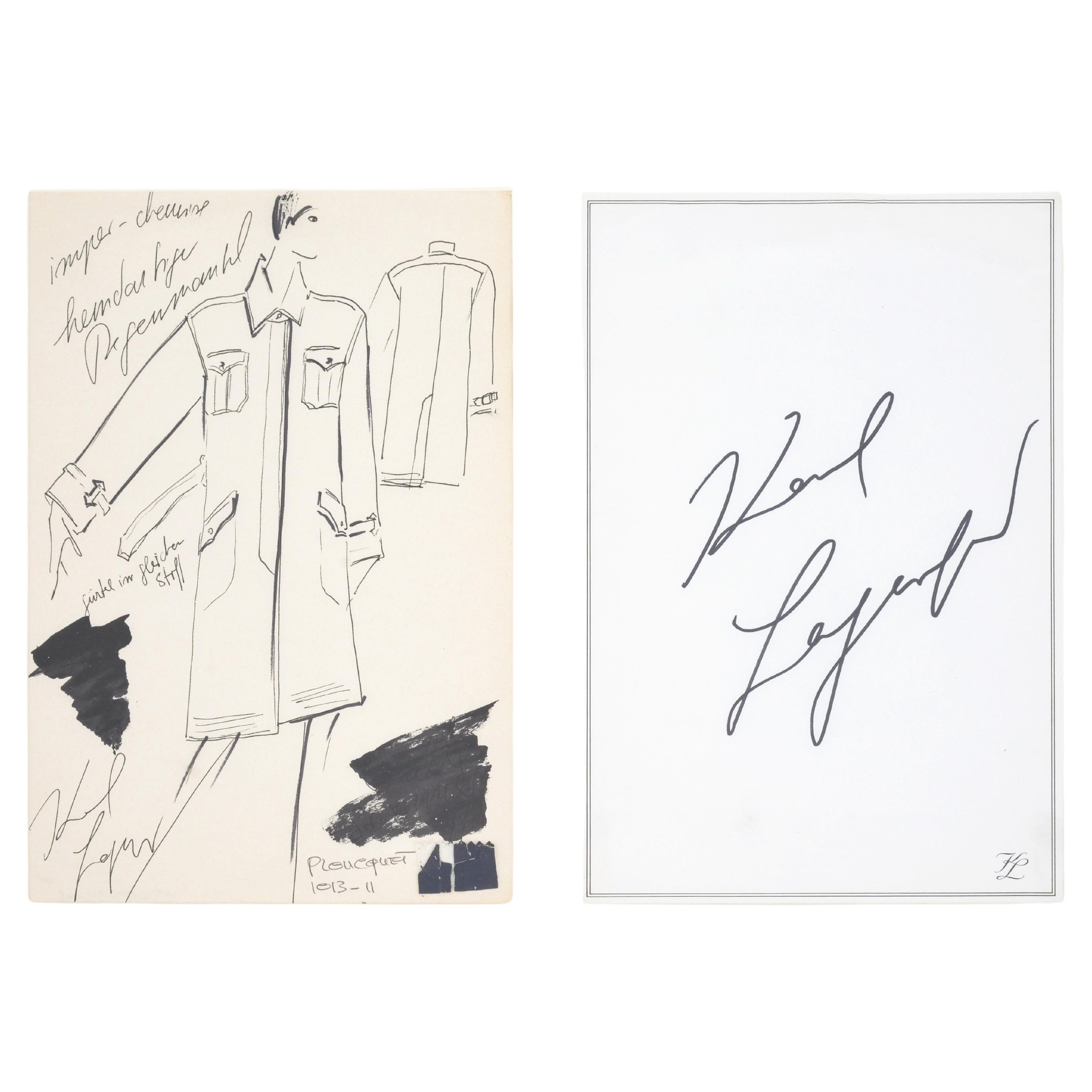 Karl Lagerfeld Signé Dessin de Mode / Collage & Papeterie